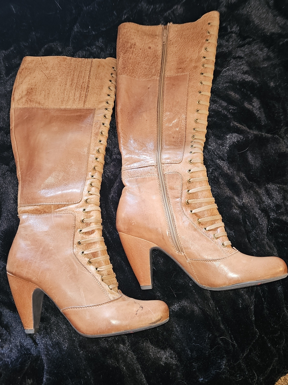 Women's Tan Leather Mid-Calf Lace-Up Heeled Boots